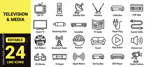 Television and media equipment icon set with CRT TV, remote, satellite dish, antenna, cable box, smart TV, streaming stick, soundbar, broadcast tower, popcorn, and essential television ranking symbols