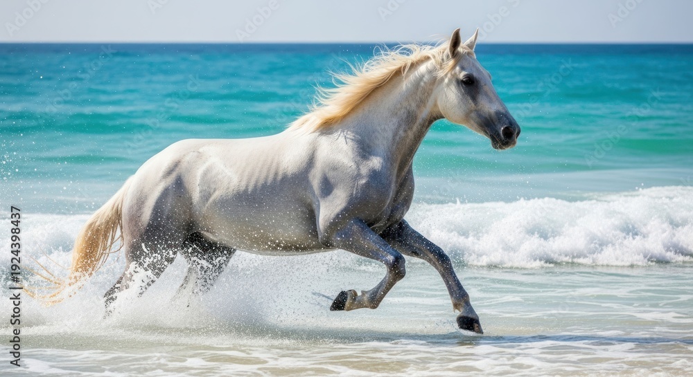 Obraz premium White horse gallops in blue ocean