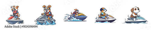 Jet Ski Riders Cute Dog Characters Enjoying Water Sport Vector Collection