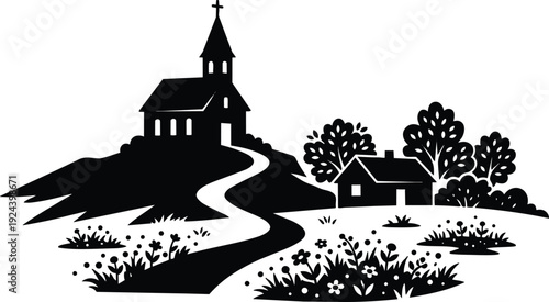 Silhouette village church on hilltop with winding path cottage trees and wildflower meadow in flat vector black white contrast view