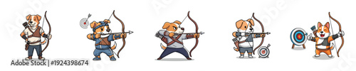 Adorable Dog Archer Characters Practicing Bow And Arrow Skills