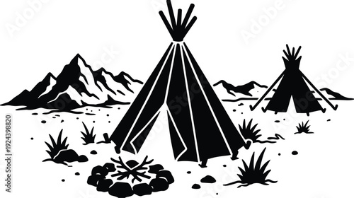Silhouette vector teepee camp scene with mountains and campfire desert plants two tents low angle black and white foreground minimal
