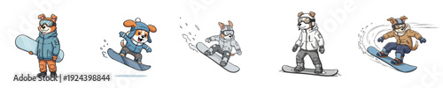 Snowboard cartoon dog characters riding powder performing winter sport tricks vector set