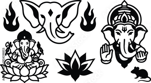 Tattoo flash set of ganesha icons head full figure lotus mouse flames vector black line art for spiritual design illustration