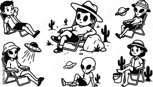 Line art retro cartoon desert scene with boy girl and alien relaxing in folding chairs under cacti black and white