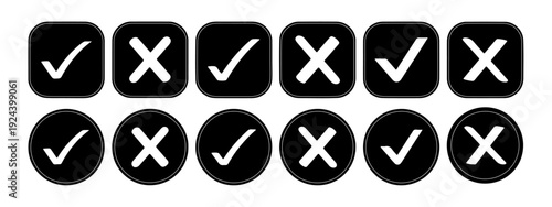 Black check mark and Black cross mark in circle. cross mark icons. tick and cross symbol. Check mark icon button set. Check box icon with right and wrong buttons and yes or no, for apps and website