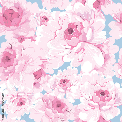 A graceful pattern of large, lush pink peony flowers set against a soft blue background, creating a romantic and elegant design