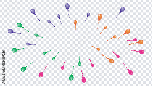 Colorful cluster of floating party poppers arranged in a circular pattern Vector illustration.