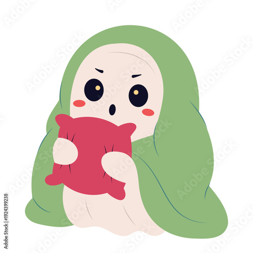 Ghost Character Holding a Pillow and Blanket, flat illustration