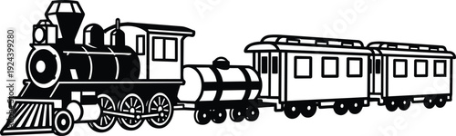 Vintage steam train vector side view locomotive pulling tanker and two passenger cars retro line art close up profile detailed