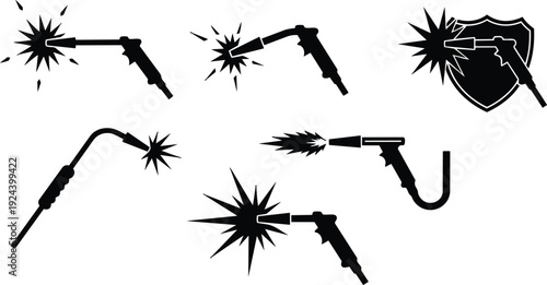 Flat design welding torch icon set close up multiple torch angles sparks safety shield industrial repair workshop vector art silhouette