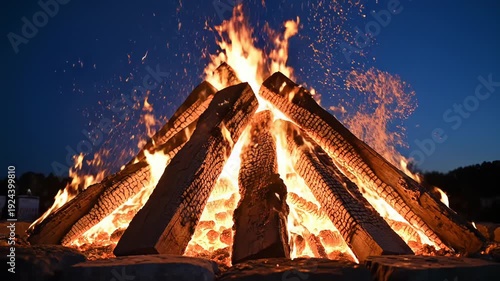 Large Wooden Bonfire Burning Brightly Against A Dark Night Sky With Sparks Flying Upward