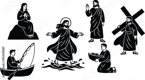 Minimalist silhouette vector depiction of jesus christ halo walking on water with kneeling disciple fishing boat and man carrying cross