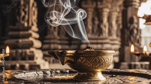 Ornate Brass Oil Lamp Emits Wispy Smoke in Ancient Temple Interior Lit by Flickering Flames