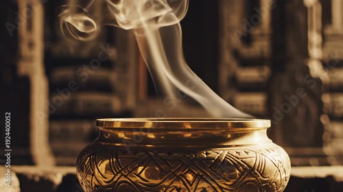 Ornate Golden Incense Burner Emitting Wisps Of Smoke In A Temple With Stone Pillars