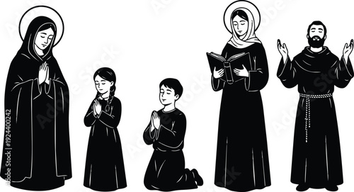 Line art devotional scene featuring virgin mary and praying children with nun and friar in solemn pose black and white
