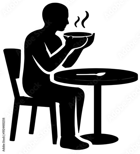 Mindful Eating Lunch Silhouette With Steam Bowl Vector
