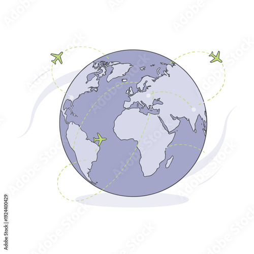 Illustration of airplanes flying around the globe on dotted flight paths connecting continents