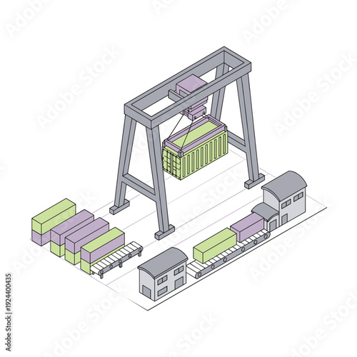 Automated container loading and unloading process at a logistics hub with gantry crane