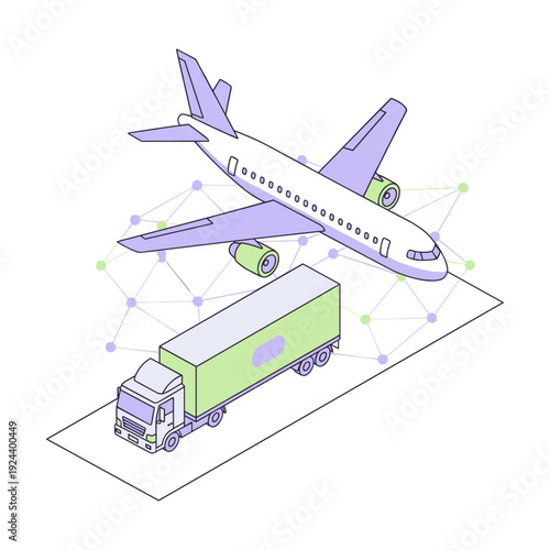 Isometric airplane and truck representing multimodal logistics and global supply chain networks