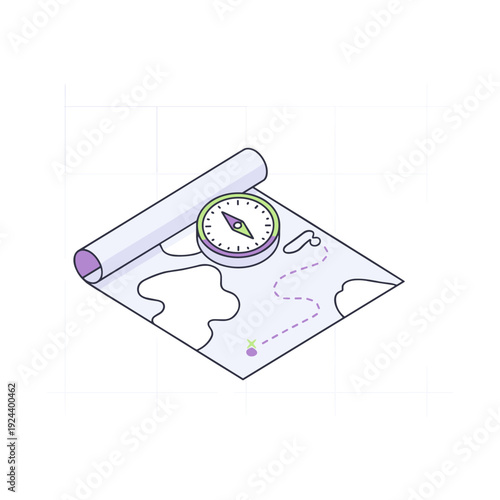 Isometric illustration of a rolled map with a compass and a dotted path leading to a destination