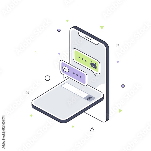 Modern isometric illustration of a smartphone with a chatbot conversation interface displayed