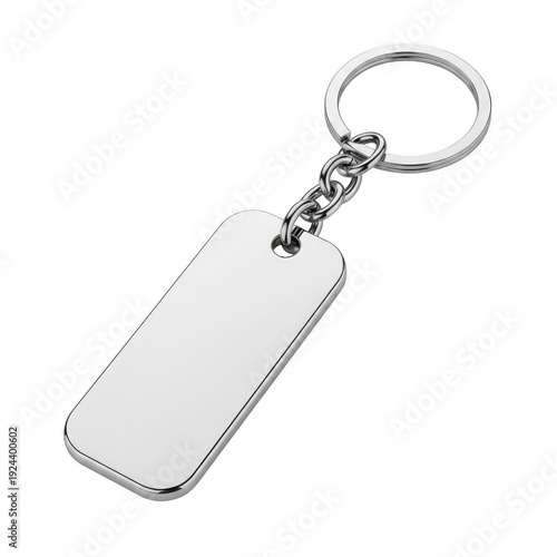 A sleek and shiny silver keychain with a rectangular pendant isolated on transparent background