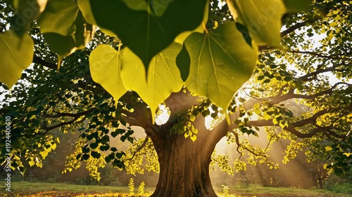 Sunlight Streams Through Lush Green Leaves of an Old Tree Outdoors During Golden Hour