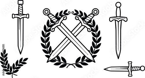 Line art crossed swords laurel wreath emblem with single blades isolated icons medieval heraldry front facing upright horizontal angled decorative