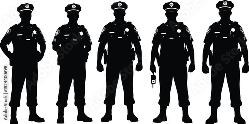 Police officer silhouettes collection standing in uniform isolated on white background law enforcement security authority concept illustration