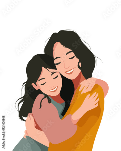 Happy Mother and Daughter Hugging Each Other in a Tender Embrace Isolated on White Background