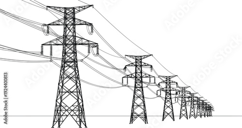 High voltage transmission towers with power lines perspective view isolated on white background industrial electricity infrastructure illustration