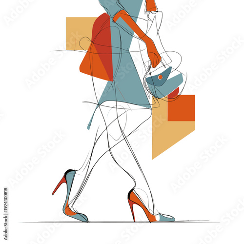 Elegant Stylized Fashion Illustration of a Woman Walking in High Heels with Handbag and Geometric Shapes