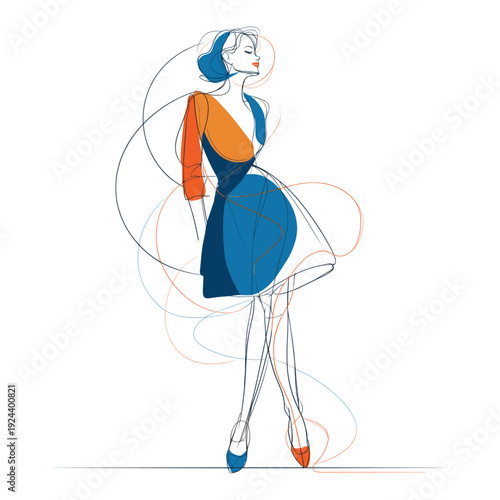Elegant Stylized Fashion Woman Standing and Posing in Chic Dress with Artistic Swirling Lines Isolated on White Background