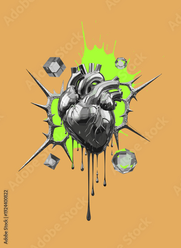 Futuristic Chrome Anatomical Heart with Neon Green Burst and Dripping Black Liquid on Tan Background
