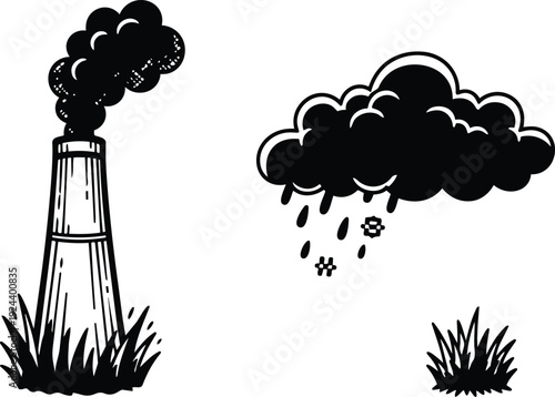 Line art smokestack with dark smoke and rainy cloud over grass up vector illustration depicting pollution contrast monochrome low angle