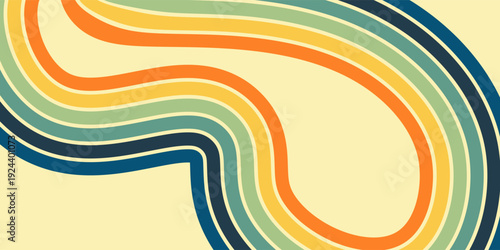 Abstract colorful 70s background vector. Vintage retro wallpaper with rainbow stripes and wavy lines. A 1970 color illustration suitable for posters, banners, decorative items and wall art.