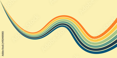 Abstract colorful 70s background vector. Vintage retro wallpaper with rainbow stripes and wavy lines. A 1970 color illustration suitable for posters, banners, decorative items and wall art.