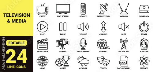 Television and media equipment icon set with CRT TV, remote, satellite dish, antenna, cable box, smart TV, streaming stick, soundbar, broadcast tower, popcorn, and essential television ranking symbols