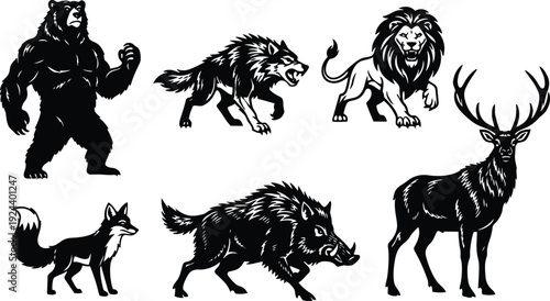 Tattoo flash side view fierce animal mascot set bear wolf lion fox boar deer roaring charging stylized vector black silhouettes