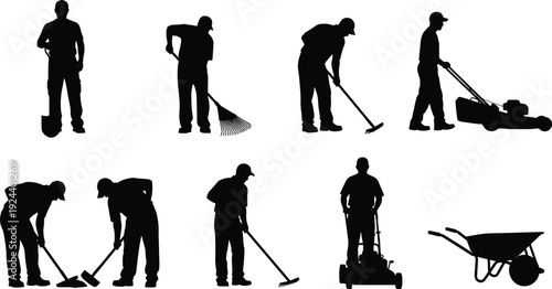 Gardener silhouettes collection isolated on white background, landscaping workers mowing raking digging and cleaning outdoor yard