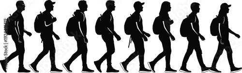 Student silhouettes walking with backpacks isolated on white background, young people in side view urban lifestyle vector set