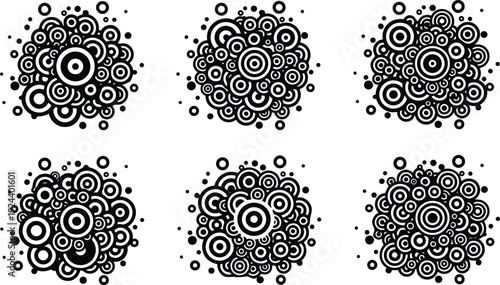 Minimalist vector top down cluster of concentric circle bursts six variations black bubble ornament set seamless round decorative graphic icons