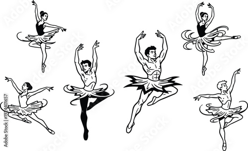 Line art vector ballet dancers in dynamic leaps and arabesques male and female performers close up studio pose expressive movement
