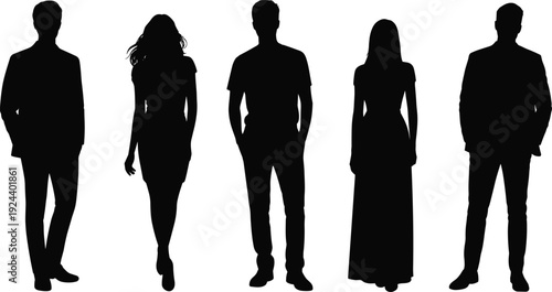 Business people silhouettes collection isolated on white background, men and women standing in formal and casual poses