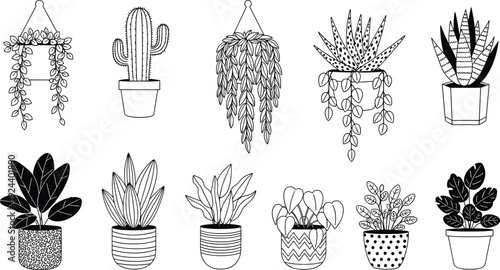 Houseplant line art vector set, indoor potted plants and hanging succulents isolated on white background illustration