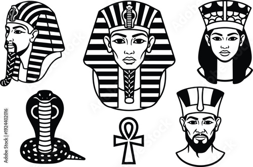 Tattoo flash egyptian pharaoh heads cobra and ankh symbol set in bold black line art vector icons for design branding