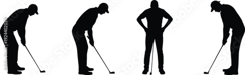 Golfer putting silhouettes isolated on white background, male golf players in putting stance sport vector illustration collection
