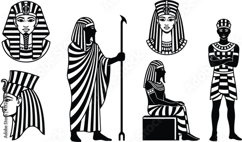 Vector art ancient egyptian pharaohs and priest silhouettes standing and seated figures with ceremonial staff and striped headdress frontal profile