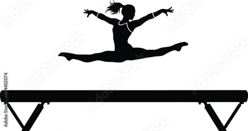 Gymnastics silhouette vector illustration, female gymnast performing split leap on balance beam isolated on white background
